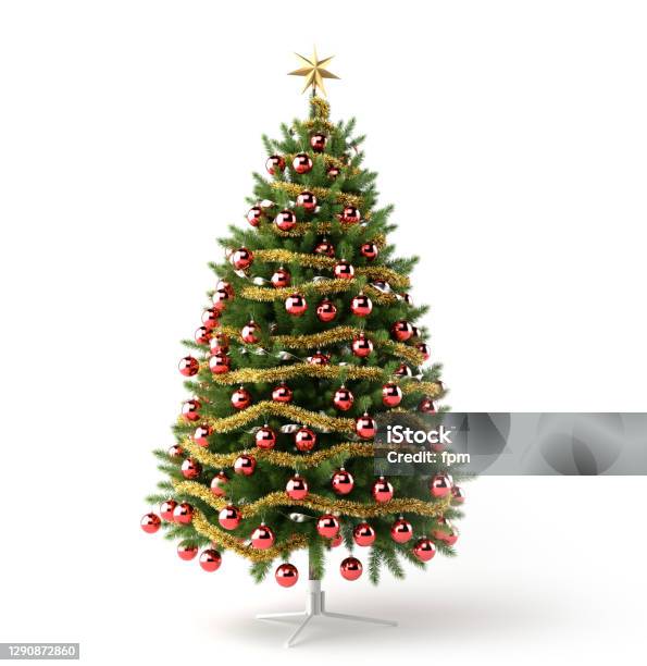 Beautifully Decorated Chistmas Tree Crowned With A Golden Star Stock Photo - Download Image Now