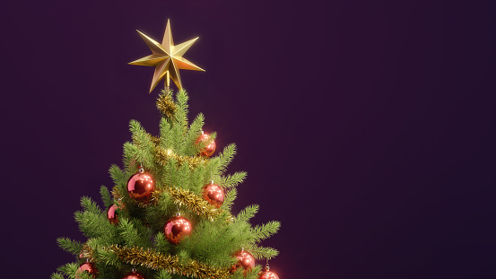 Christmas Tree with golden Star. Copy Space to the right. Use gold colored writing!