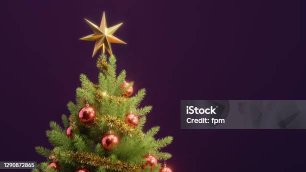 Christmas Greeting Card Beautifully Decorated Chistmas Tree Crowned With A Golden Star Stock Photo - Download Image Now