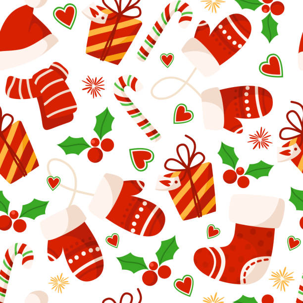 ilustrações de stock, clip art, desenhos animados e ícones de christmas or new year vector seamless pattern - scarf hat green glove