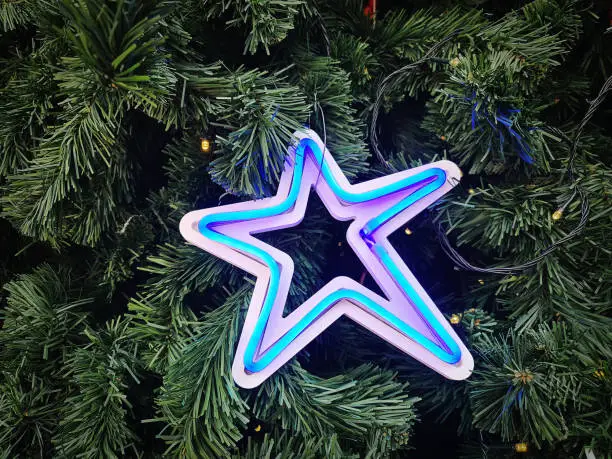 Blue Illuminated Neon Star Decorated on Green Christmas Tree