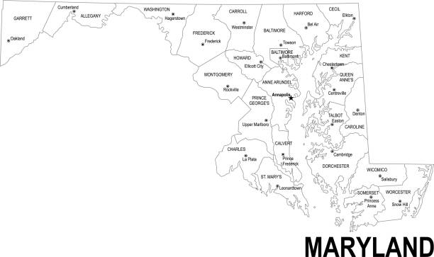 Outline map of Maryland Detailed outline map of Maryland with capital maryland state colors stock illustrations