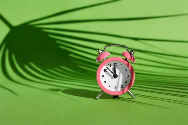 Pink alarm clock on green background with a shadow of palm leaf. Summertime,holiday, travel. Minimalism. Copy space.