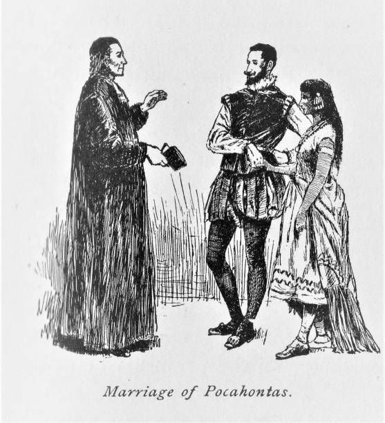 pocahontas heiratet john rolfe, colonial america - pocahontas stock-grafiken, -clipart, -cartoons und -symbole