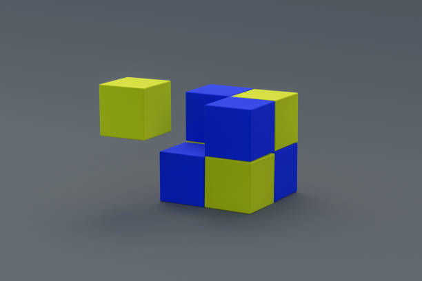istock Yellow and blue cubes on gray background. Block chain concept. 3d rendering 1290886500