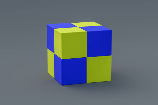 istock Yellow and blue cubes on gray background. Block chain concept. 3d rendering 1290886508
