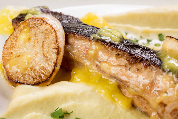 istock Black Sea flounder steak with fried daikon and mashed potatoes 1290886767