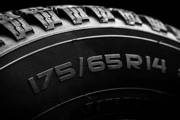 close up view for a tyre overall diameter label. tire with r14 radius for cars stock photo