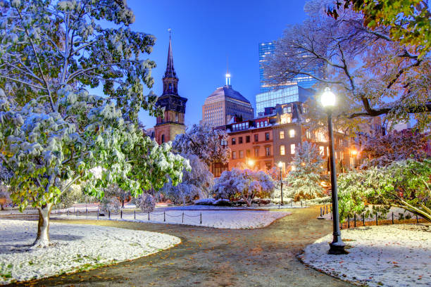 осенний снег в бостонском общественном саду - boston winter snow massachusetts стоковые фото и изображения