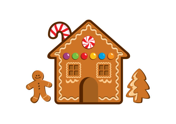 Gingerbread House with gingerbread man and tree icon vector Christmas gingerbread cookies icon set vector. Christmas decorative cookies with icing clip art. Gingerbread house with candies vector gingerbread house cartoon stock illustrations