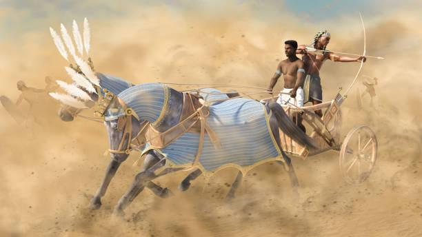 Ancient Egyptian war chariot in battle with archer and driver Ancient Egyptian war chariot in battle with archer and driver, 3d render. ancient egyptian culture stock pictures, royalty-free photos & images