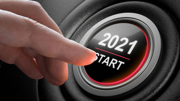 2021 - naciśnij przycisk start. koncepcja nowego roku. ilustracja 3d - year 2002 zdjęcia i obrazy z banku zdjęć