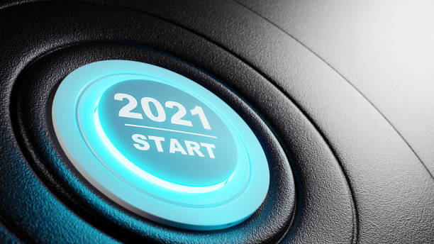 istock 2021 - Press the start button. Concept of the New Year. 3D illustration 1290890885