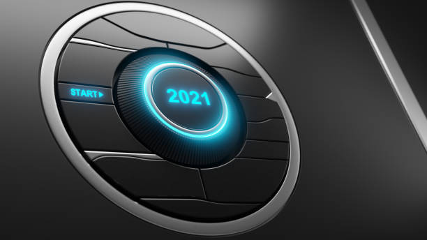 2021 - press the start button. concept of the new year. 3d illustration - year 2002 imagens e fotografias de stock