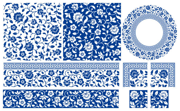 플로럴 원활한 패턴과 프레임 세트 - lace frame retro revival floral pattern stock illustrations