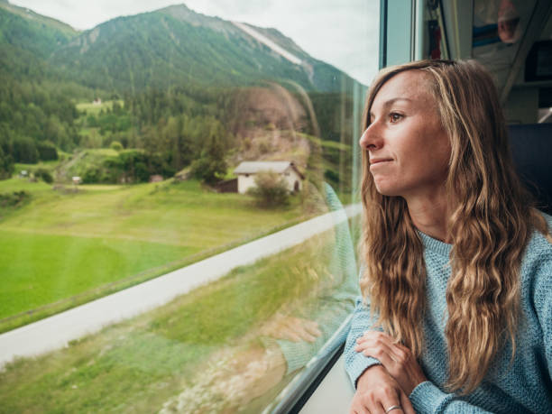 istock Woman traveling by train looking from the window enjoying passing scenery 1290893534
