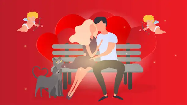Vector illustration of Loving couple cuddling on a bench. Red banner. Boyfriend, girl, cats, hugs, love, cupids. Design element on the theme of Valentine's Day. Vector.