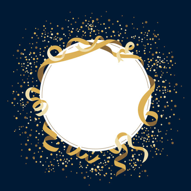 Round white frame embraced with gold ribbons and glowing glitter on deep blue background.
