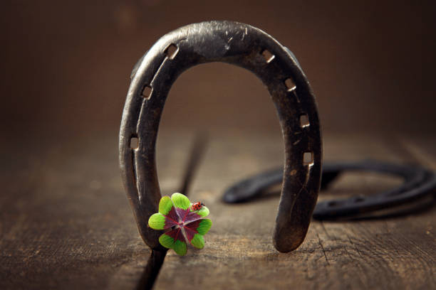 istock Horseshoe with lucky clover on a wooden background 1290897305