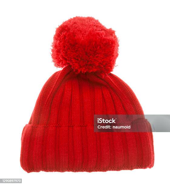 Red Knit Winter Bobble Hat Isolated On White Stock Photo - Download Image Now - Knit Hat, Cut Out, Red