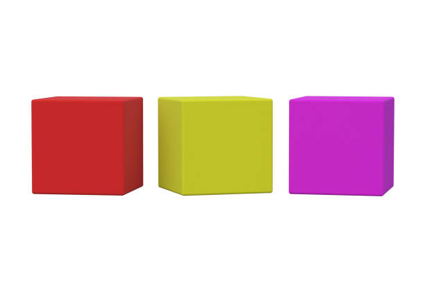 Three red yellow and pink toy cubes isolated on white background. 3d rendering