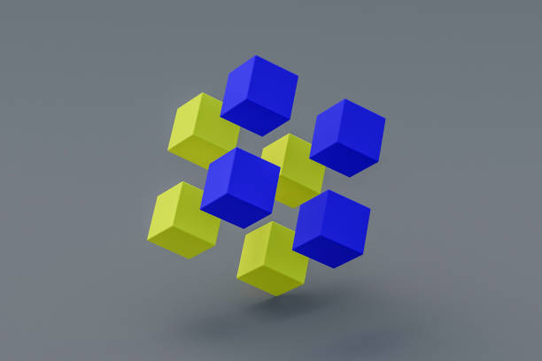 istock Yellow and blue cubes on gray background. Block chain concept. 3d rendering 1290899472
