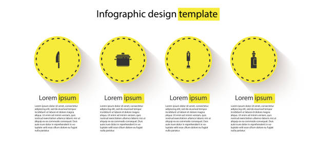 bildbanksillustrationer, clip art samt tecknat material och ikoner med set knife, matlagning potten, blender och flaska olivolja. mall för affärsinfografisk. vektor - illustrationer med smoothie