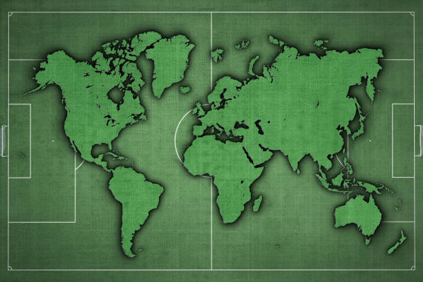 세계지도 축구장, 녹색 잔디, 축구 세계 - globe earth football soccer 뉴스 사진 이미지