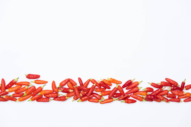 Thick border with red hot peppers. White background, flat lay, Space for text
