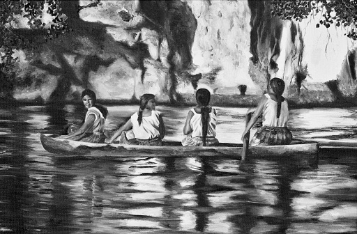 Canvas painting with indians on the boat on the Amazon River in black and white.