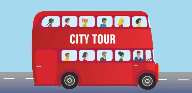 Vector illustration of Red city tour bus with mixed people. Vector illustration.