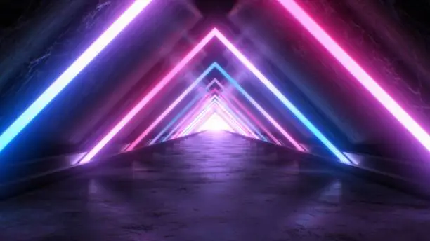 Photo of Abstract Neon Triangle Tunnel and Aesthetic Pink Blue Glow Reflection - Abstract Background Texture