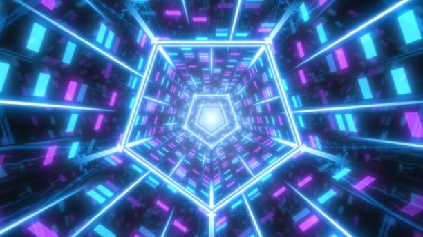 istock Sci-Fi Flashing Neon Lights Reflective Abstract Retro Pentagon Tunnel - Abstract Background Texture 1290906707