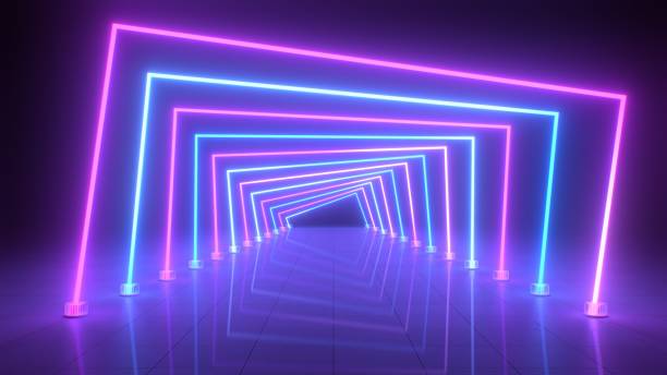 istock Ultraviolet Abstract Neon Light Tunnel Squares Glow with Reflections - Abstract Background Texture 1290906720