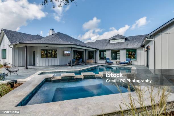 Custom Designed Swimming Pool In Backyard Of House Stock Photo - Download Image Now - Swimming Pool, Luxury, Outdoors