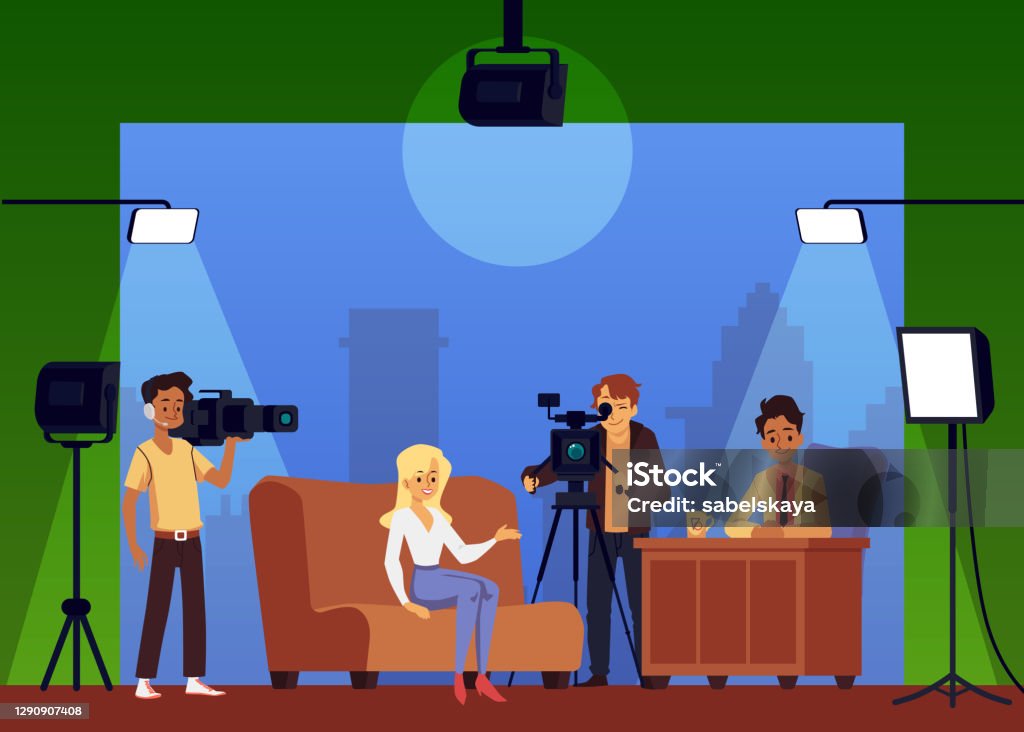Broadcast of talk show or interview from tv studio live a vector illustration Interior of television studio with female guest, male host, videographers and lighting. Broadcast of tv talk show or interview live. Vector flat cartoon illustration. Guest stock vector