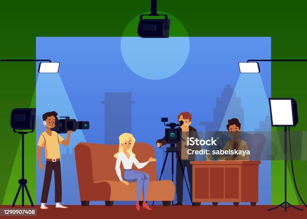Broadcast Of Talk Show Or Interview From Tv Studio Live A Vector Illustration Stock Illustration - Download Image Now