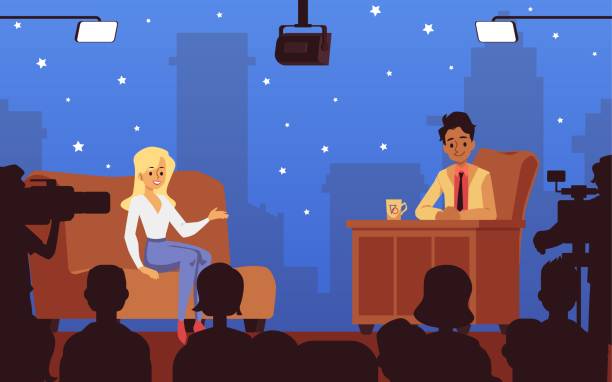 Evening TV talk show studio with show host and guest, flat vector illustration. Evening talk show studio interior background with host interviewing a guest cartoon characters, flat vector illustration. TV studio of entertainment show. interview camera stock illustrations