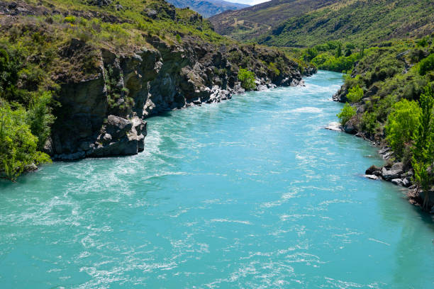 Scenic Kawerau Gorge and rushing water of river in Central Otago New Zealand