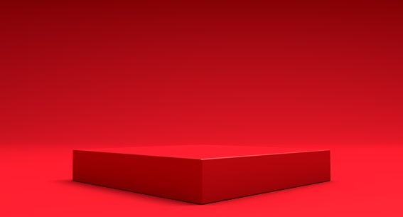 3D Red Cube se encuentra sobre fondo rojo, soporte de producto, escena en blanco photo