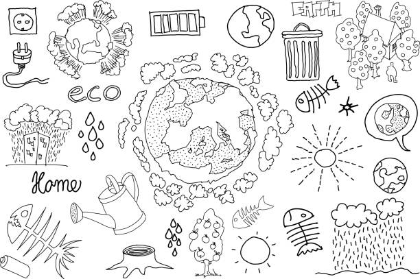 illustrazioni stock, clip art, cartoni animati e icone di tendenza di molti schizzi e doodles per quanto riguarda l'ecologia e l'ambiente - acid rain