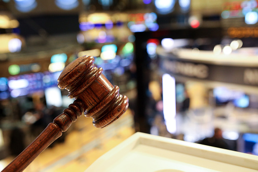 New York Stock Exchange's gavel details with blurry background