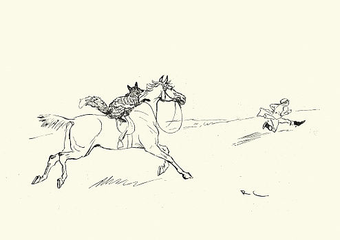 Vintage illustration of from The Fox Jumps Over the Parson's Gate, by Randolph Caldecott. Fox and horseback chasing the hunter, Victorian