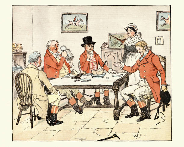 ilustrações, clipart, desenhos animados e ícones de caçadores tomando cerveja e almoçando em um pub country, vitoriano - randolph caldecott