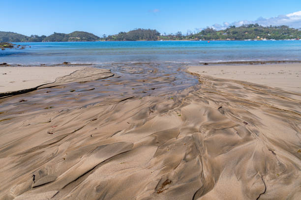 Patterns in created by water from small stream washing across beach to water's edge
