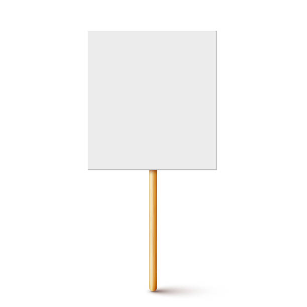 istock Blank protest sign with wooden holder. Realistic vector demonstration banner. Strike action cardboard placard mockup 1290915137