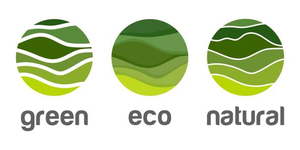 abstrakcyjna zielona ikona wektorowa z logo, podpisuj organiczną technologię żywności i kosmetologii. szablon projektu symbol eko bioinżynierii, produkt naturalny. ilustracja z naturą zielona fala tło wzgórzu krajobraz - green slopes stock illustrations