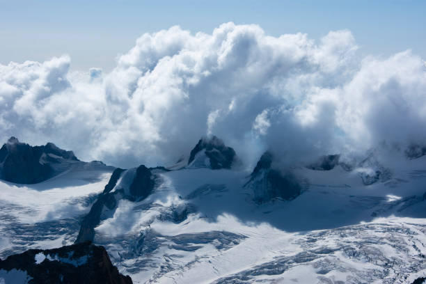 Mont Blanc experience Beautiful blue morning landscape with clouds over alps in Mont Blanc massif from Aiguille du Midi 3842m, Chamonix, France leisure activity french culture sport high angle view stock pictures, royalty-free photos & images