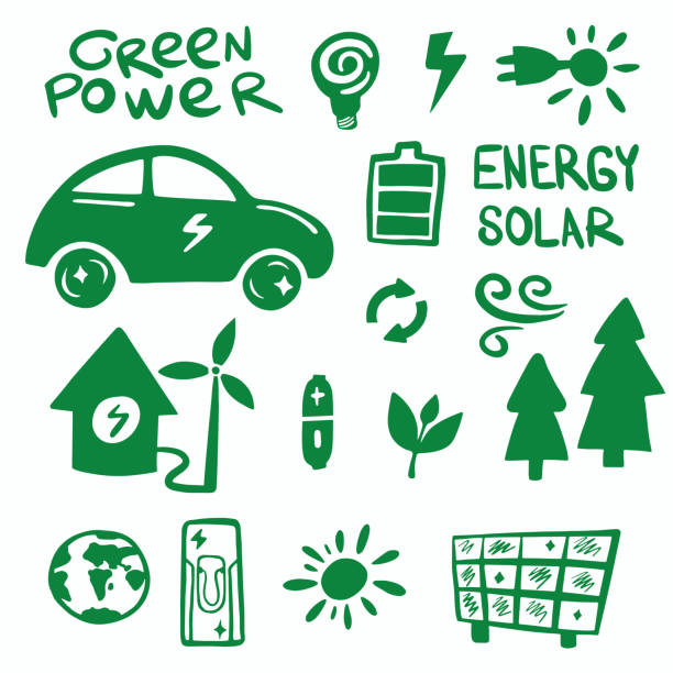 grüne solarenergie-symbol. power natur. eco friendly bio sources.globale erwärmung eis. erneuerbare solar wind.hand gezeichnete illustration. icon set.solar panels ökologie erneuerbare energie nicht polution - non rewnewable stock-grafiken, -clipart, -cartoons und -symbole