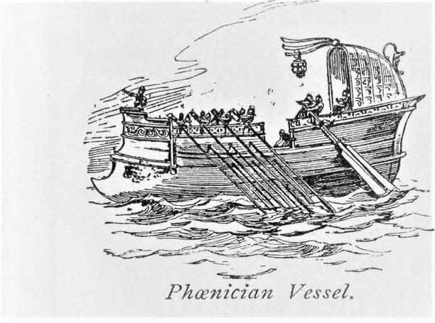 Phoenician Ship Ancient Phoenician ship. Illustration published in The New Eclectic History of the United States by M. E. Thalheimer (American Book Company; New York, Cincinnati, and Chicago) in 1881 and 1890. Copyright expired; artwork is in Public Domain. phoenicia stock illustrations